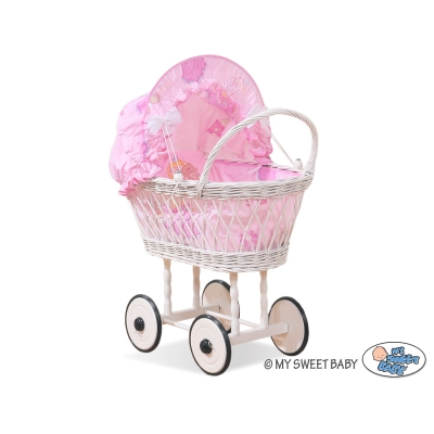Rieten Poppenwagen met Beddengoed