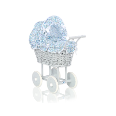 Rieten Poppenwagen met Beddengoed Blauw Grijs Bloemenweide Bloemen