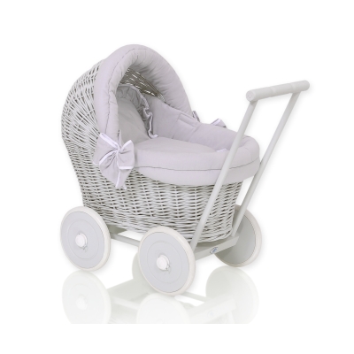 Rieten Poppenwagen met Beddengoed Grijs