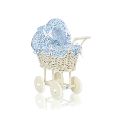 Rieten Poppenwagen met Beddengoed Ivoor Blauw Bloemenweide Bloemen
