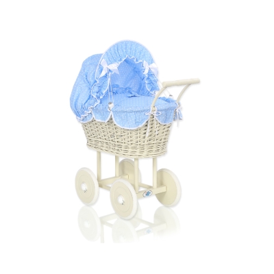 Rieten Poppenwagen met Beddengoed Ivoor Wit Blauw Polkaprikker