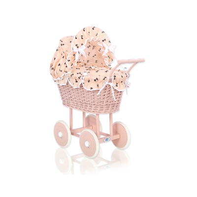 Rieten Poppenwagen met Beddengoed Lussen Poederroze
