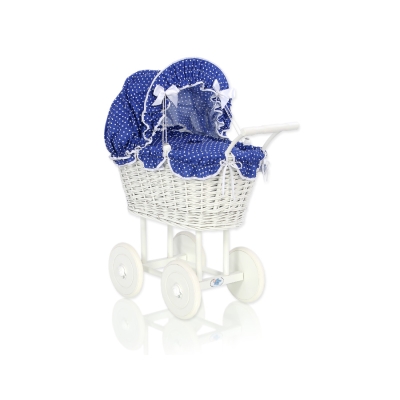 Rieten Poppenwagen met Beddengoed Marineblauw Polkaprikker Voor Meisjes