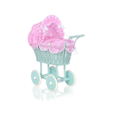 Rieten Poppenwagen met Beddengoed Mint