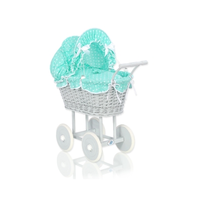 Rieten Poppenwagen met Beddengoed Mint Grijs Polkaprikker