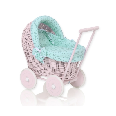 Rieten Poppenwagen met Beddengoed Mint Roze Polkaprikker