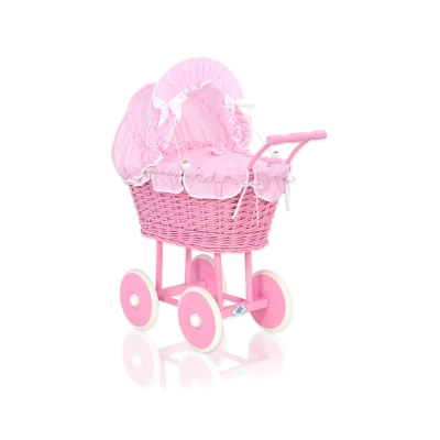 Rieten Poppenwagen met Beddengoed Roze