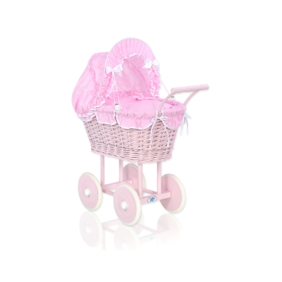 Rieten Poppenwagen met Beddengoed Roze Geruit Stofroze