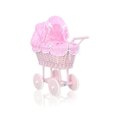 Rieten Poppenwagen met Beddengoed Roze Geruit Stofroze