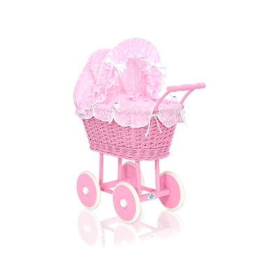 Rieten Poppenwagen met Beddengoed Roze Polkaprikker