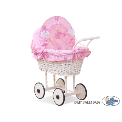 Rieten Poppenwagen met Beddengoed Roze Wit