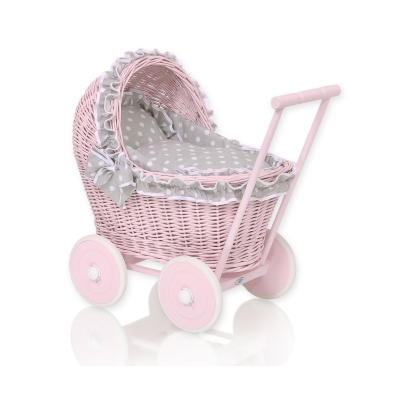 Rieten Poppenwagen met Beddengoed Roze Wit Grijs Polkaprikker