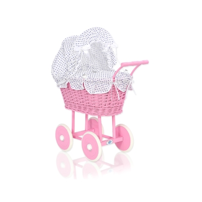 Rieten Poppenwagen met Beddengoed Roze Wit Marineblauw Polkaprikker