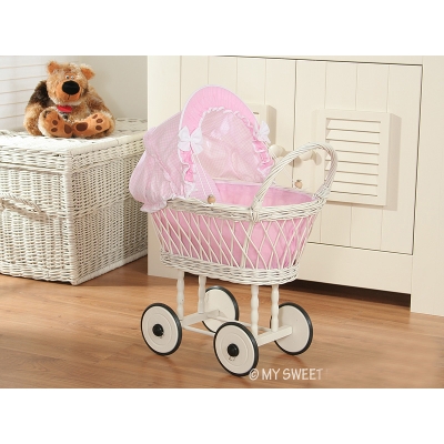 Rieten Poppenwagen met Beddengoed Wit