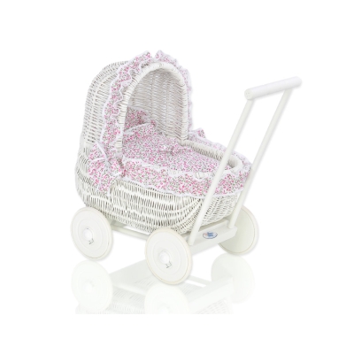 Rieten Poppenwagen met Beddengoed Wit