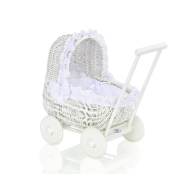 Rieten Poppenwagen met Beddengoed Wit