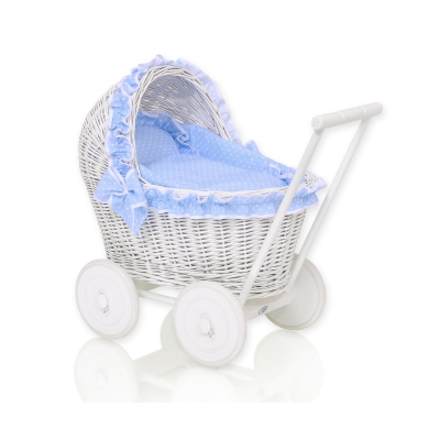 Rieten Poppenwagen met Beddengoed Wit Blauw Polkaprikker
