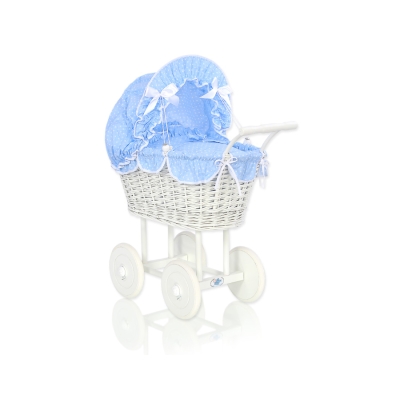 Rieten Poppenwagen met Beddengoed Wit Blauw Polkaprikker