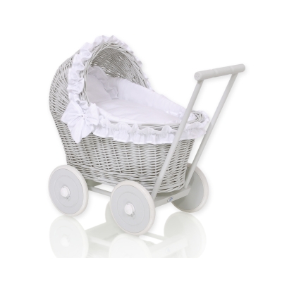Rieten Poppenwagen met Beddengoed Wit Grijs