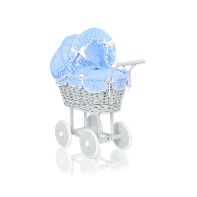 Rieten Poppenwagen met Beddengoed Wit Grijs Blauw Polkaprikker