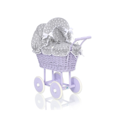 Rieten Poppenwagen met Beddengoed Wit Grijs Purper Polkaprikker