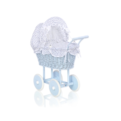 Rieten Poppenwagen met Beddengoed Wit Marineblauw Blauw Polkaprikker