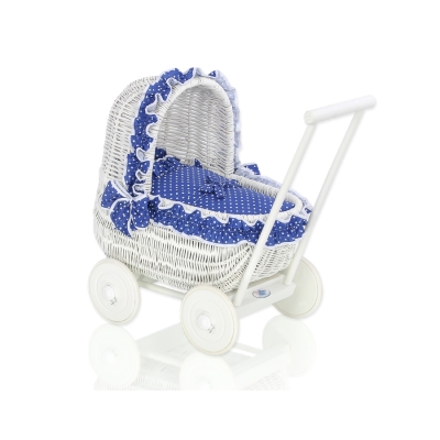 Rieten Poppenwagen met Beddengoed Wit Marineblauw Polkaprikker