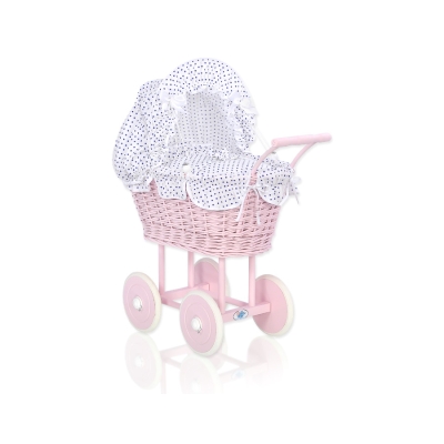 Rieten Poppenwagen met Beddengoed Wit Marineblauw Polkaprikker Stofroze