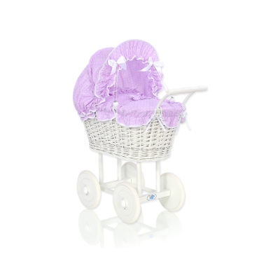 Rieten Poppenwagen met Beddengoed Wit Purper Polkaprikker