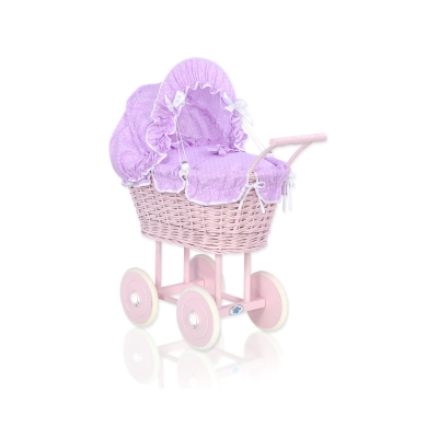 Rieten Poppenwagen met Beddengoed Wit Purper Polkaprikker Stofroze