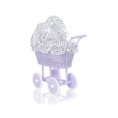 Rieten Poppenwagen met Beddengoed Wit Zwart Purper Polkaprikker