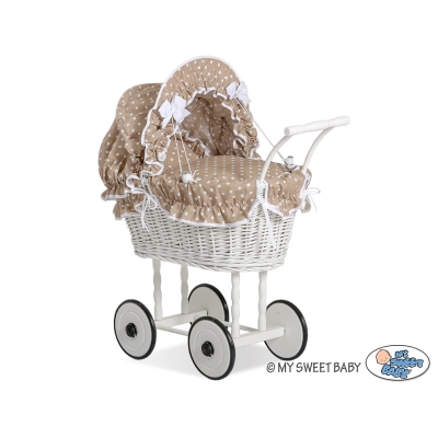 Rieten Poppenwagen met Beddengoedset Bruin Wit Polkaprikker