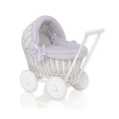 Rieten Poppenwagen met Beddengoedset Grijs