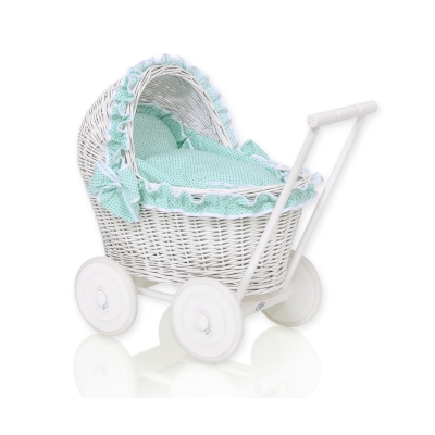 Rieten Poppenwagen met Beddengoedset Mint Polkaprikker