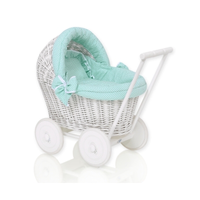 Rieten Poppenwagen met Beddengoedset Mint Polkaprikker