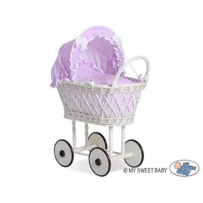 Rieten Poppenwagen met Beddengoedset Purper