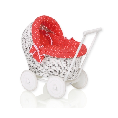 Rieten Poppenwagen met Beddengoedset Rood Polkaprikker