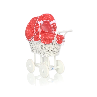 Rieten Poppenwagen met Beddengoedset Rood Polkaprikker