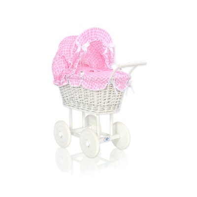 Rieten Poppenwagen met Beddengoedset Roze Geruit
