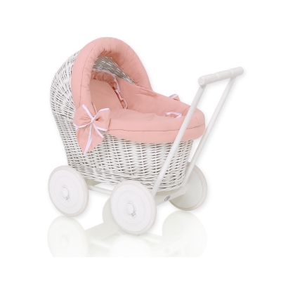 Rieten Poppenwagen met Beddengoedset Stofroze