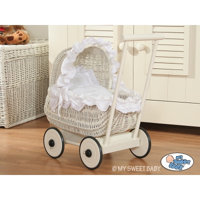 Rieten Poppenwagen met Beddengoedset Wit