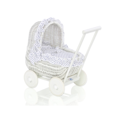 Rieten Poppenwagen met Beddengoedset Wit Marineblauw Polkaprikker