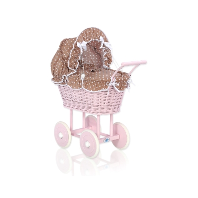Rieten poppenwagen met kap Bruin Polkaprikker Stofroze