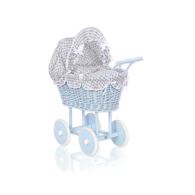 Rieten poppenwagen met kap Grijs Blauw Geruit