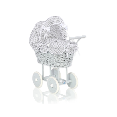 Rieten poppenwagen met kap Grijs Geruit