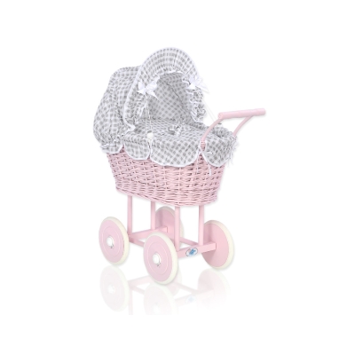Rieten poppenwagen met kap Grijs Geruit Stofroze