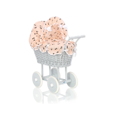 Rieten poppenwagen met kap Grijs Lussen