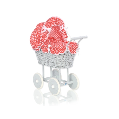 Rieten poppenwagen med kap grijs