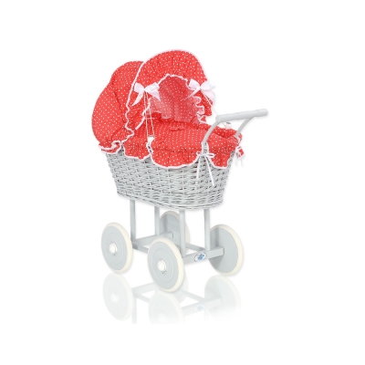 Rieten poppenwagen met kap Grijs Rood Polkaprikker