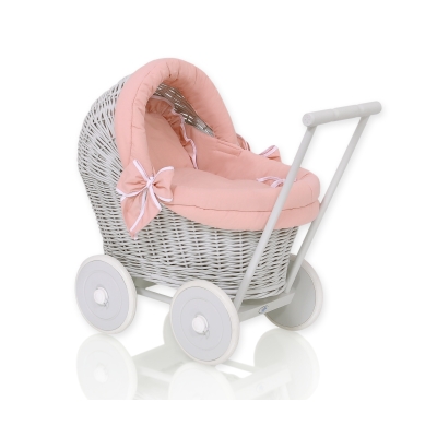 Rieten poppenwagen met kap Grijs Stofroze
